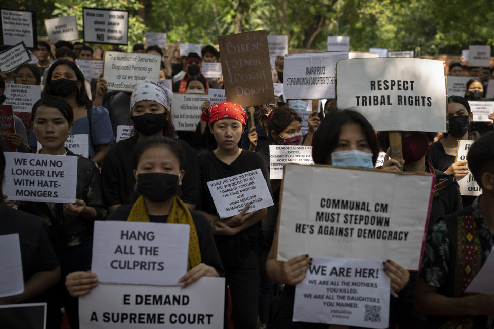 Kuki tribal protestors participate in a demonstration against deadly ethnic clashes in the country's northeastern state of Manipur, in New Delhi, India, Saturday, July, 22, 2023. Protests are being held across the country after a video showed a mob assaulting two women who were paraded naked. Thousands of people, mostly women, held a massive sit-in protest in India's violence-wracked northeastern state of Manipur state demanding immediate arrest of those involved in the harrowing assault. (AP Photo/Altaf Qadri)