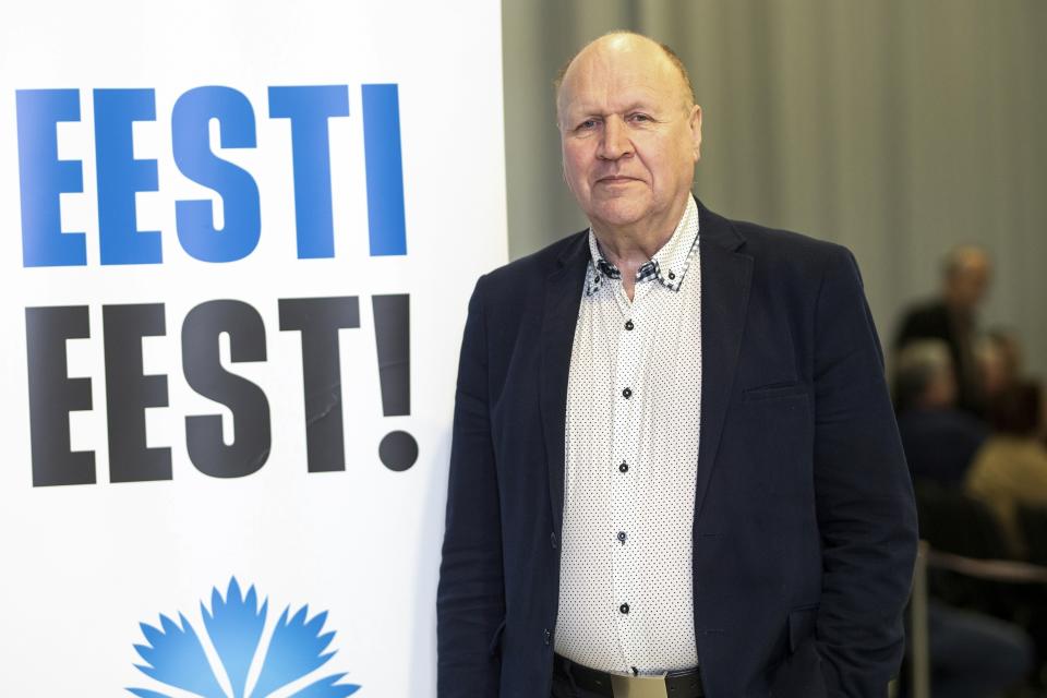 In this photo taken on Tuesday, Feb. 26, 2019, Chairman of the Estonian Conservative People's Party (EKRE) Martin Helme speaks at his party's campaign meeting in Parnu, Estonia. Nearly a million people are eligible to vote Sunday, March 3, 2019 to choose Estonia’s 101-seat Riigikogu legislature, where the outgoing prime minister and his Center Party is pitted against the center-right opposition Reform Party. (AP Photo/Raul Mee)