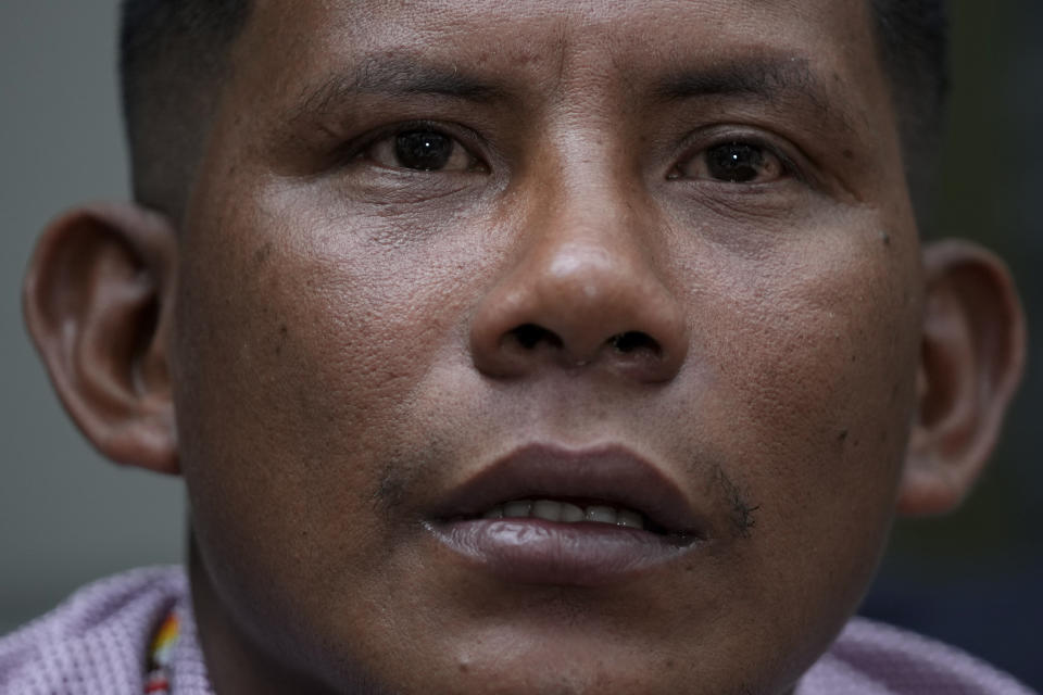 Manuel Ranoque, the father of two of the youngest Indigenous children who survived an Amazon plane crash, gives an interview in Bogota, Colombia, Wednesday, June 14, 2023. Ranoque's children, along with two other children, braved the jungle for 40 days before being found alive. (AP Photo/Fernando Vergara)