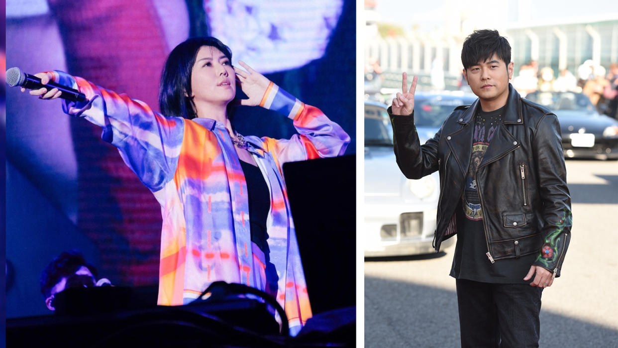 Stefanie Sun (left) in multicoloured shirt pointing mic towards audience and Jay Chou in black giving a V sign to the camera.