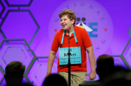 Robert Foster of Kensington, Maryland reacts during the Scripps National Spelling Bee at National Harbor in Maryland, U.S. May 30, 2018. REUTERS/Kevin Lamarque