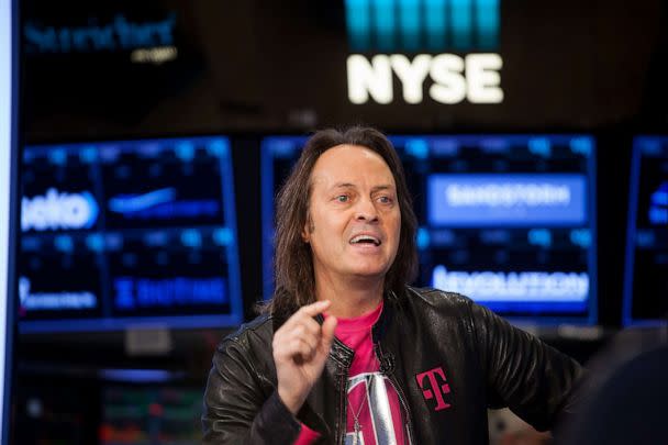 PHOTO: John Legere, chief executive officer and president of T-Mobile, speaks during an interview on the floor of the New York Stock Exchange (NYSE) in New York, April 30, 2018. (Bloomberg via Getty Images)