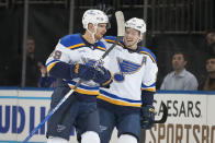 St. Louis Blues left wing Pavel Buchnevich (89) celebrates after scoring on New York Rangers goaltender Igor Shesterkin (31) in the first period of an NHL hockey game, Monday, Dec. 5, 2022, in New York. (AP Photo/John Minchillo)