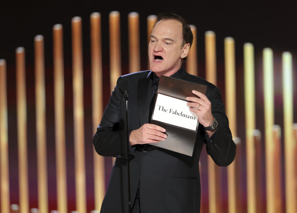 This image released by NBC shows presenter Quentin Tarantino during the 80th Annual Golden Globe Awards at the Beverly Hilton Hotel on Tuesday, Jan. 10, 2023, in Beverly Hills, Calif. (Rich Polk/NBC via AP)