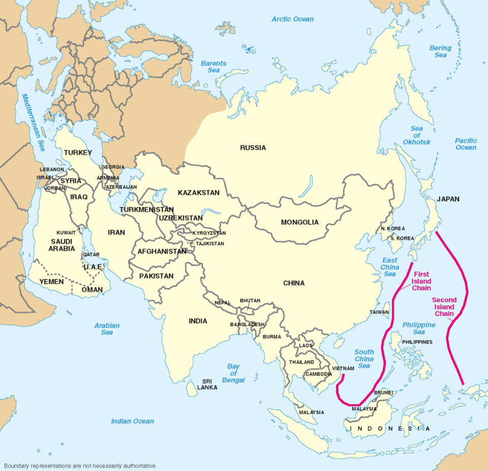 A Pentagon infographic showing the geographic boundaries of the First and Second Island Chains. <em>U.S. Department of Defense</em>