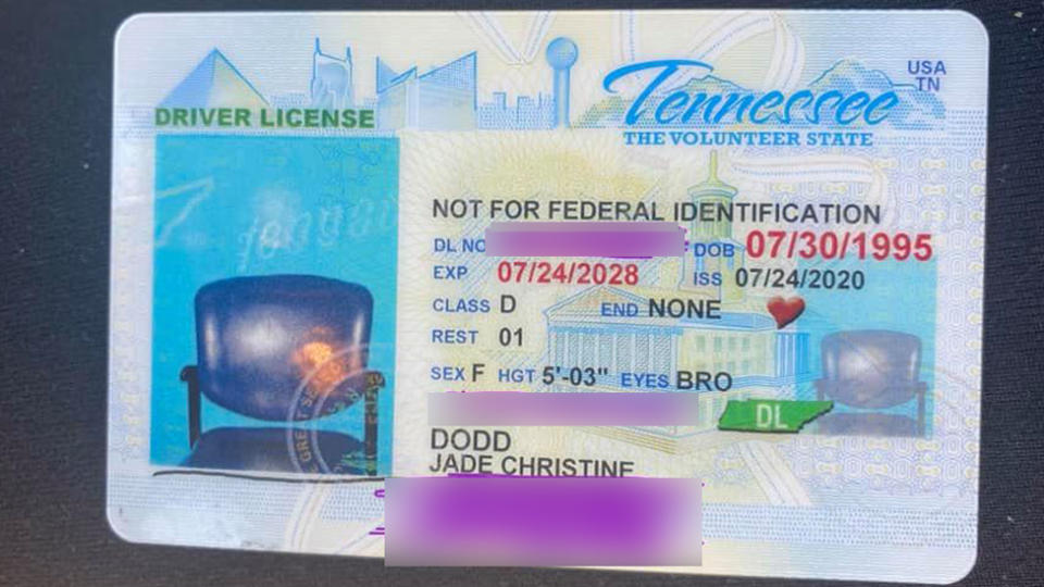 Jade Dodd got her new license with a photo of a chai in it instead of her picture.