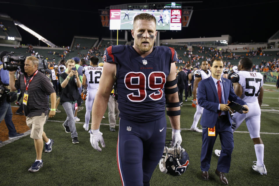FILE - Houston Texans defensive end J.J. Watt (99) walks off the field after the team's 13-9 win over the Cincinnati Bengals in an NFL football game in Cincinnati, Sept. 14, 2017. Even though he is still playing great football, it looks as if Watt is ready to call it a career. The three-time AP Defensive Player of the Year indicated Tuesday, Dec. 27, 2022, that he will retire at the end of the season. (AP Photo/Gary Landers, File)