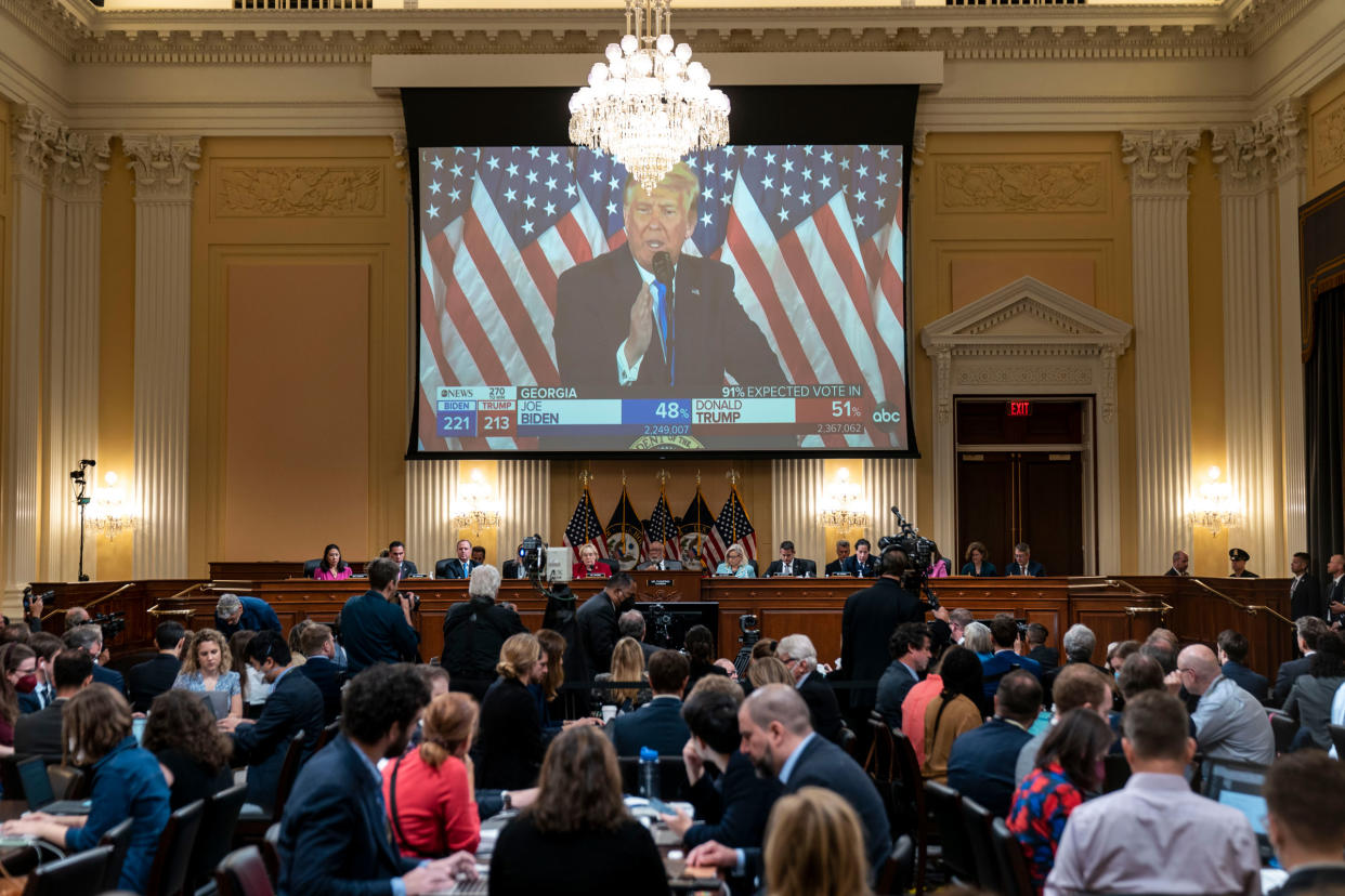 A video of former President Donald Trump is displayed on a screen during a House Select Committee to Investigate the January 6th hearing