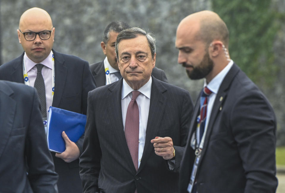 SINTRA, PORTUGAL - JUNE 18: European Central Bank President Mario Draghi (C) arrives to participate in the morning discussion session during the second day of the 2019 ECB Forum on Central Banking, on June 18, 2019 in Sintra, Portugal. The ECB Forum on Central Banking 2019 is devoted this year to 20 Years of European Economic and Monetary Union. (Photo by Horacio Villalobos#Corbis/Corbis via Getty Images)