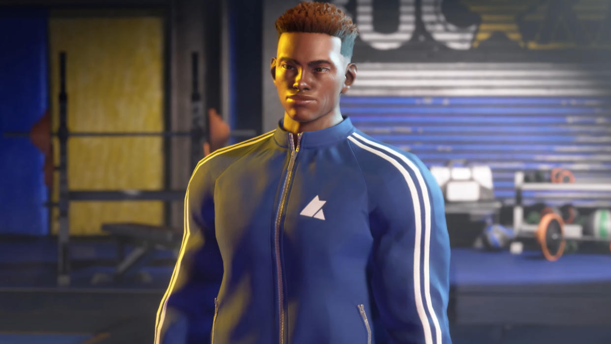  A custom character in Street Fighter 6 with short, brown curly hair and a blue sports jacket with white stripes up the arm. 