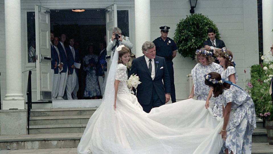 senator edward kennedy with caroline kennedy arriving for her wedding