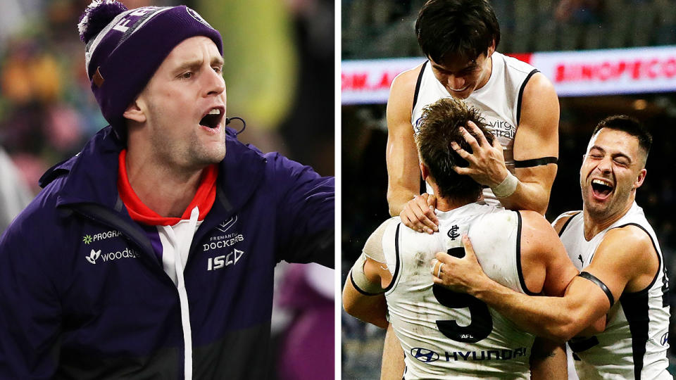 A 50-50 split image shows a Fremantle fan yelling and gesturing on the left, and Carlton players celebrating on the right.