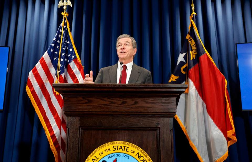 Gov. Roy Cooper talks about what is in his budget proposal during a press conference in Raleigh, N.C., Wednesday, April 24, 2024.