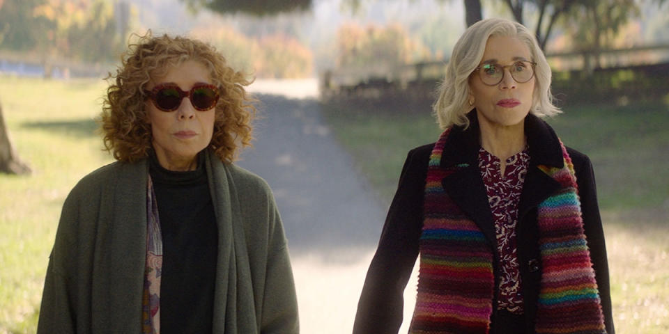 <p>The Netflix series <em>Grace and Frankie </em>may be over but we're welcoming Jane Fonda and Lily Tomlin back to our screens with <a href="https://tiff.net/events/moving-on" rel="nofollow noopener" target="_blank" data-ylk="slk:Moving On;elm:context_link;itc:0;sec:content-canvas" class="link "><em>Moving On</em></a><em>. </em>The pair play as estranged friends who reconnect at a funeral and hatch a plan to get revenge on the widower, who messed with their lives decades earlier. (Courtesy of TIFF)</p> 