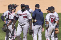 Minnesota Twins starting pitcher Michael Pineda (35) reacts after manager Rocco Baldelli relieved Pineda the sixth inning of a baseball game against the Chicago White Sox Thursday, May 13, 2021, in Chicago. (AP Photo/Charles Rex Arbogast)