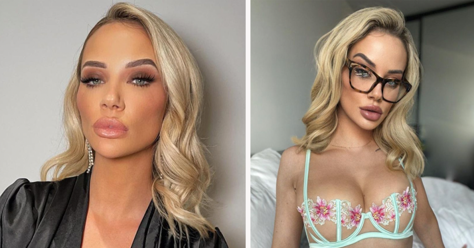 Jessika Power with a face full of makeup (left) and posing in lingerie and reading glasses (right). 