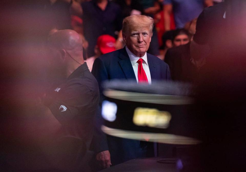 Former President Donald Trump attends UFC 287 at the Kaseya Center on Saturday, April 8, 2023, in downtown Miami, Fla.