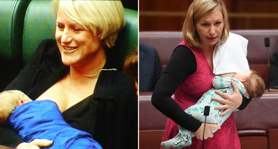 Kirstie Marshall and Larissa Waters breastfeeding in parliament.