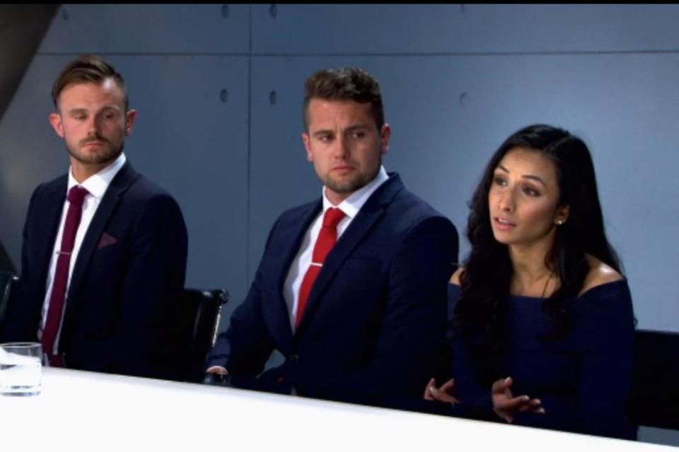 Boardroom: Frank Brooks was hauled into the firing room with Tom Bunday and Jasmine Kundra (BBC )