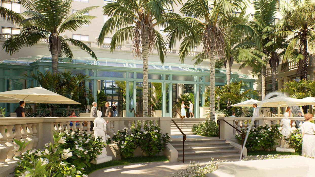 The new conservatory in the updated Mediterranean Courtyard of The Breakers would have glass windows looking to the east and doors to the west for guests to enter through the resort's lobby.