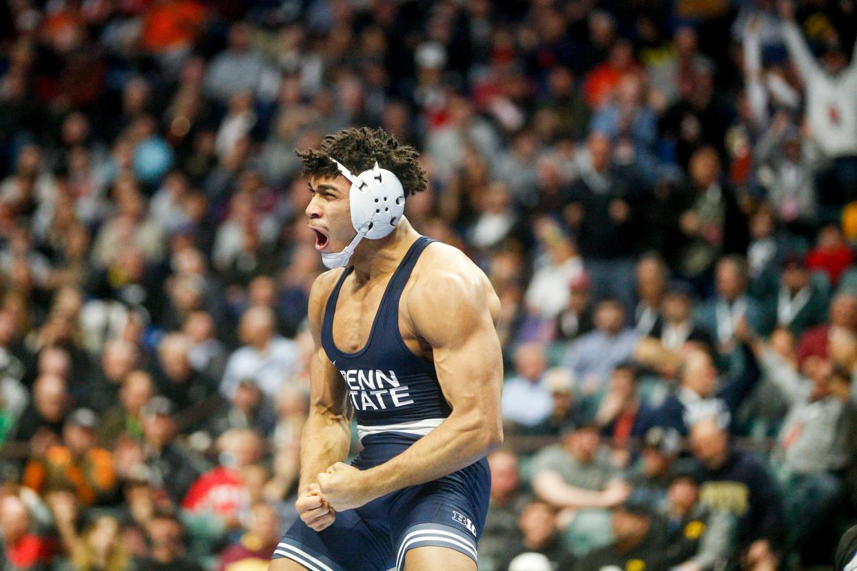 Penn State's Carter Starocci celebrates after winning his third individual national title. Can he overcome, possibly his toughest test yet, to become one of the only four-time champions in NCAA history?