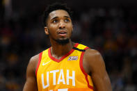 SALT LAKE CITY, UT - MARCH 09: Donovan Mitchell #45 of the Utah Jazz looks on during a game against the Toronto Raptors at Vivint Smart Home Arena on March 9, 2020 in Salt Lake City, Utah. NOTE TO USER: User expressly acknowledges and agrees that, by downloading and/or using this photograph, user is consenting to the terms and conditions of the Getty Images License Agreement. (Photo by Alex Goodlett/Getty Images)