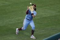 Philadelphia Phillies right fielder Bryce Harper catches a flyout by New York Yankees' Gleyber Torres during the third inning of a baseball game Thursday, Aug. 6, 2020, in Philadelphia. (AP Photo/Matt Slocum)