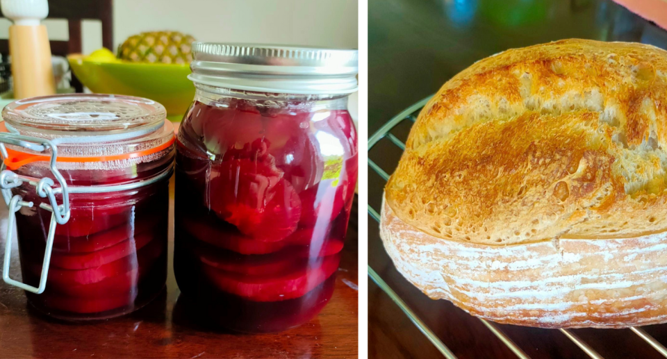 Pickled veg in jars (left) and homemade sourdough bread (right). 