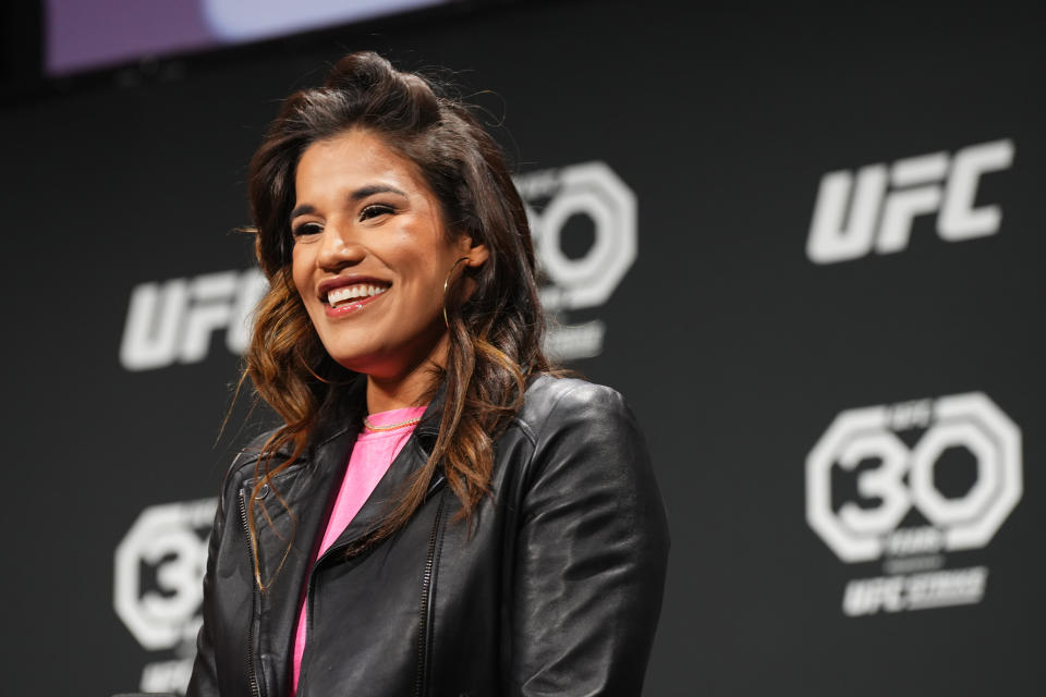 VANCOUVER, BRITISH COLUMBIA - JUNE 09: Julianna Pena participates in a Q&A session prior to the UFC 289 ceremonial weigh-in at Rogers Arena on June 09, 2023 in Vancouver, British Columbia. (Photo by Cooper Neill/Zuffa LLC via Getty Images)