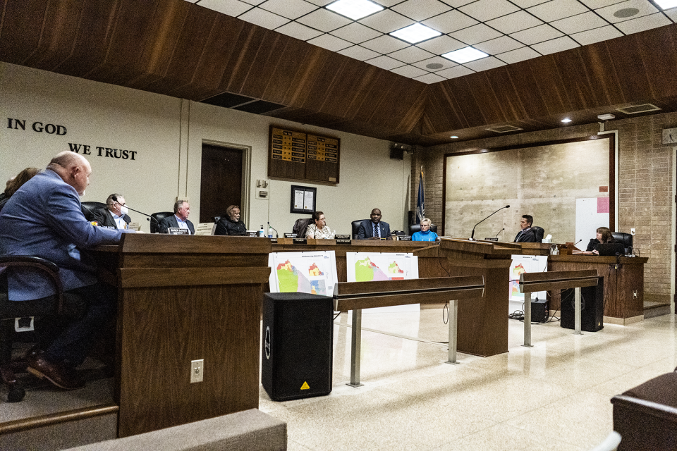 Terrebonne Parish School Board members discuss Hurricane Ida-related building repairs during a committee meeting Tuesday evening at the district's office in Houma.