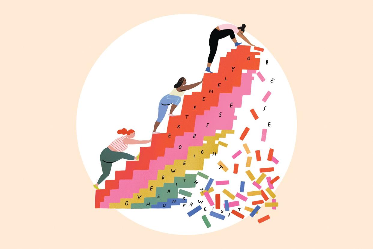 an illustration of 3 woman climbing stairs that are falling apart
