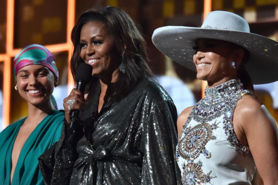 Michelle Obama at the Grammys in 2019 alongside Alicia Keys and Jennifer Lopez