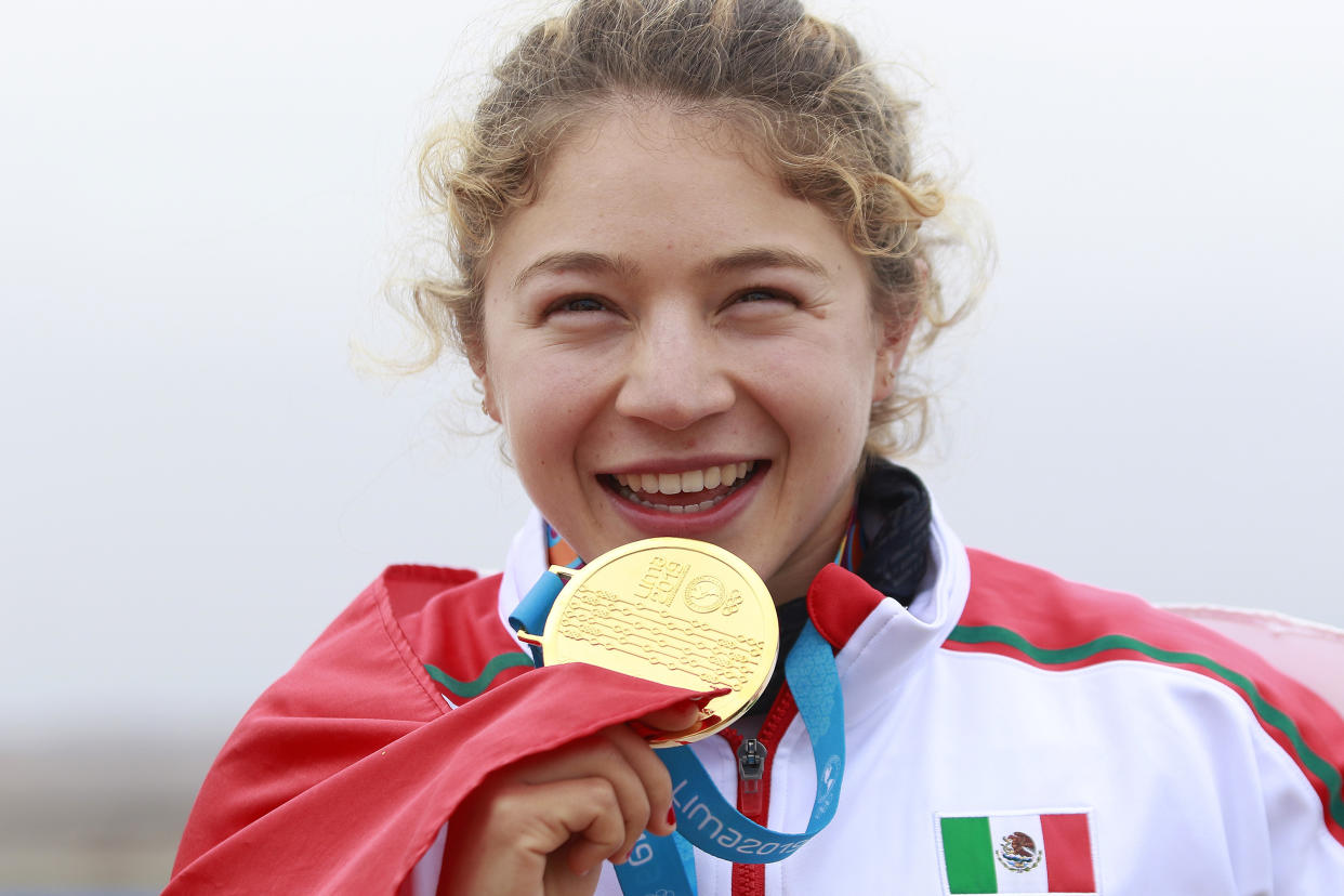 LIMA, PERU - JULY 29: Beatriz Briones of Mexico after winning gold medal during the Women's Canoe Sprint - K1 500m Final on Day 3 of Lima 2019 Pan American Games at at Rio Cañete - Lunahuana on July 29, 2019 in Lima, Peru. (Photo by Cesar Gomez/Jam Media/Getty Images)