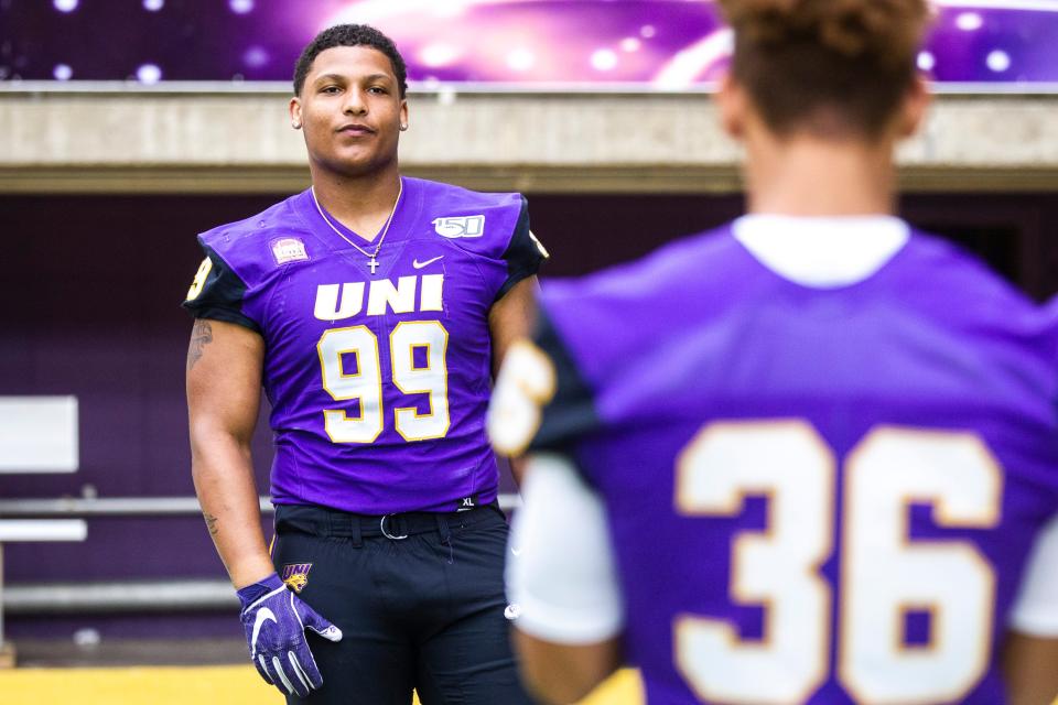 Northern Iowa defensive lineman Khristian Boyd (99) poses for a photo during the Panthers football media day, Wednesday, Aug. 7, 2019, at the UNI-Dome in Cedar Falls, Iowa.