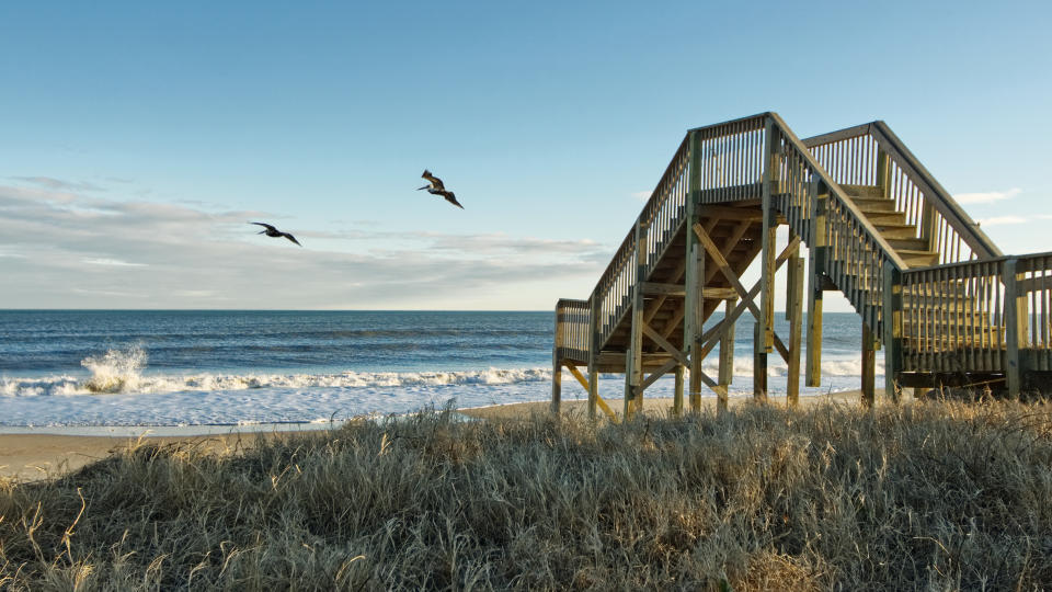 Birds Flying Over Pier Topsail Island Beach Jacksonville, NC.