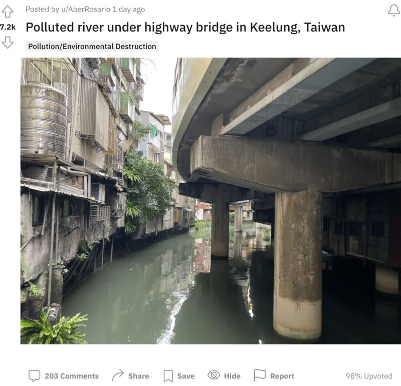 ▲基隆大德橋下方的西定河照片被刊登到國外論壇《Reddit》上。（圖／翻攝自Reddit）