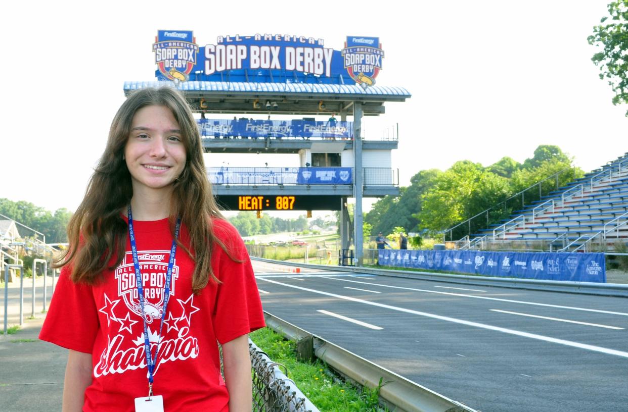 Eleni Fischer, 14, beat out 71 other superstock racers at the All-American Soap Box Derby in Akron on July 23.