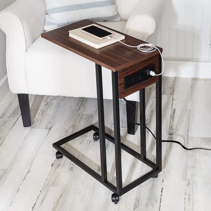 Honey-Can-Do C-Shaped Side Table with Outlets and Wheels