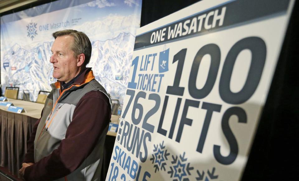 Mike Goar, from Canyons Resort, speaks with reporters following a news conference Wednesday, March 19, 2014, in Salt Lake City. A coalition of Utah ski resort managers from Alta Ski Area, Brighton Resort, Canyons Resort, Deer Valley Resort, Park City Mountain Resort, Snowbird Ski and Summer Resort and Solitude Mountain Resort are reviving their plans for a series of interconnected chairlifts that would link seven ski areas that would give the state a Euro-style experience, they announced during the news conference. (AP Photo/Rick Bowmer)