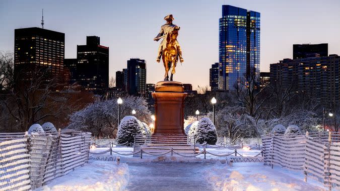 Boston Public Garden in the winter with the  Equestrian statue of George Washington designed by Thomas Ball.