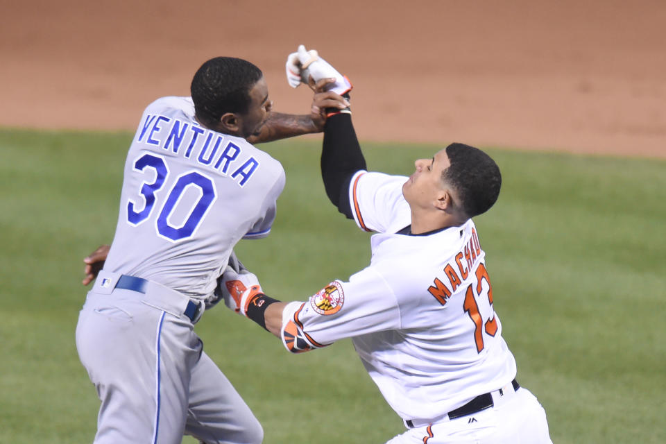 BALTIMORE, MD – JUNE 07: Yordano Ventura #30 of the Kansas City Royals and Manny Machado #13 of the Baltimore Orioles fight during a baseball game at Oriole Park at Camden Yards on June 7, 2016 in Baltimore, Maryland. The Orioles won 9-1. (Photo by Mitchell Layton/Getty Images)