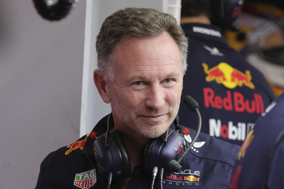 Red Bull team principal Christian Horner watches at pits during qualifying session ahead of the Formula One Saudi Arabian Grand Prix at the Jeddah Corniche Circuit, in Jedda, Saudi Arabia, Friday, March 8, 2024. Saudi Arabian Grand Prix will be held on Saturday, March 9, 2024. (AP Photo/Giuseppe Cacace/Pool)