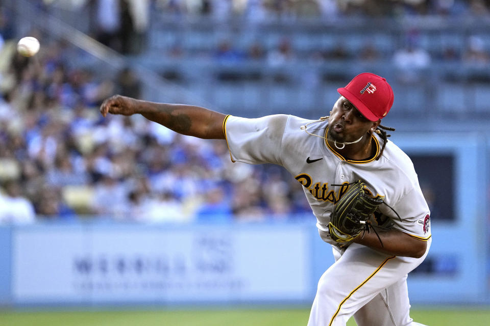 Pittsburgh Pirates starting pitcher Luis Ortiz throws to the plate during the second inning of a baseball game against the Los Angeles Dodgers Tuesday, July 4, 2023, in Los Angeles. (AP Photo/Mark J. Terrill)