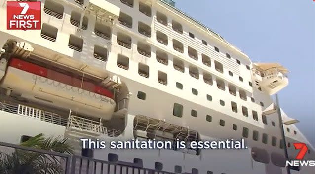 A PA announcement states the ship will be sanitised. Source: 7 News
