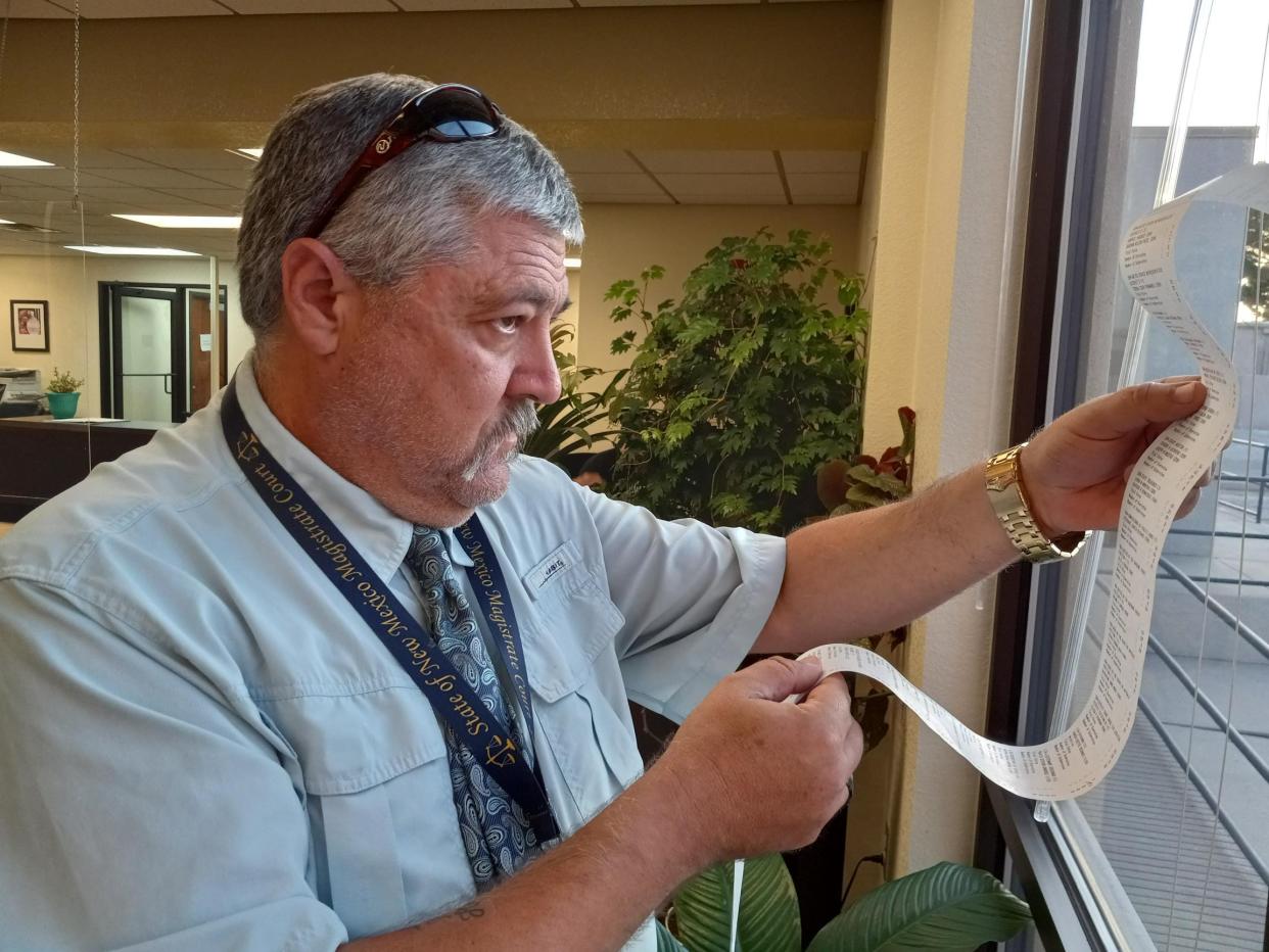 Eddy County Division One Magistrate Kelly Calicoat checks early results from the June 7 Primary Election at the Eddy County Clerk's Office in Carlsbad.