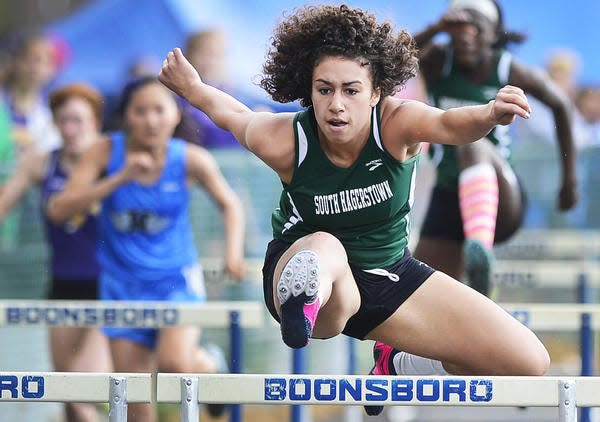 South Hagerstown's Hayley Freeman, shown competing in hurdles, is the Washington County indoor track and field championships record-holder in the girls 300.