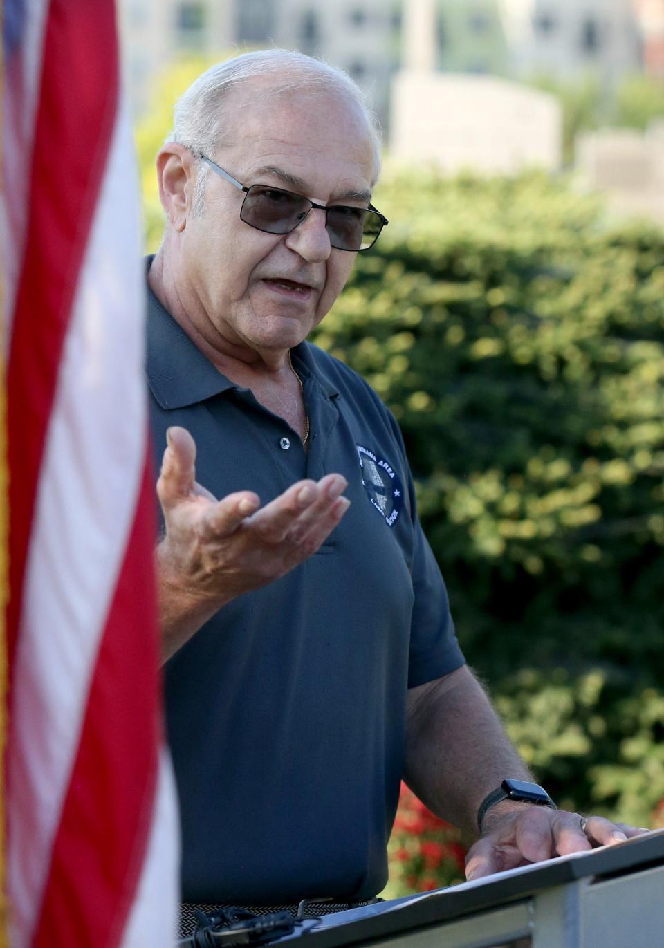 Joe Carbone, vice president of the Northern Indiana Area Labor Federation AFL-CIO, speaks Monday, Sept. 4, 2023, at the dedication ceremony of the Mishawaka Workers Memorial at the Ball Band Monument site at Main Street and Mishawaka Avenue.