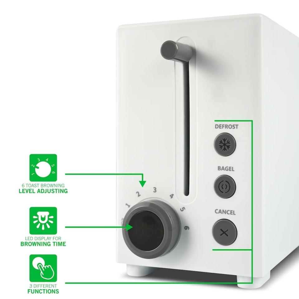 The side of a white Xbox toaster with text pointing out various dials and features