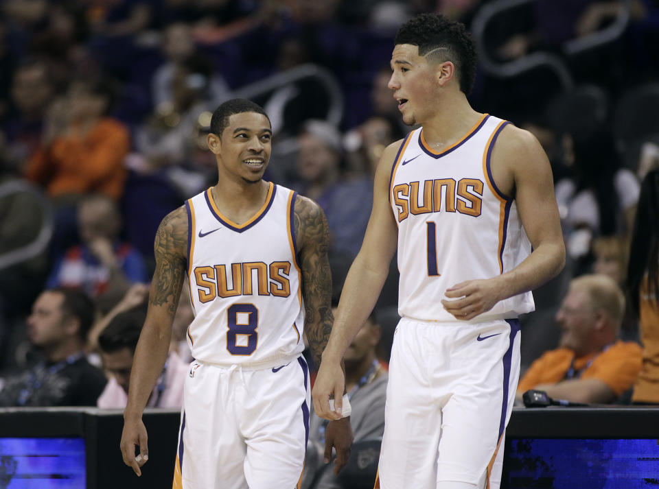 Phoenix Suns’ Tyler Ulis and Devin Booker were involved in a fight in an elevator last year, according to a report from TMZ Sports. (AP Photo/Ralph Freso)