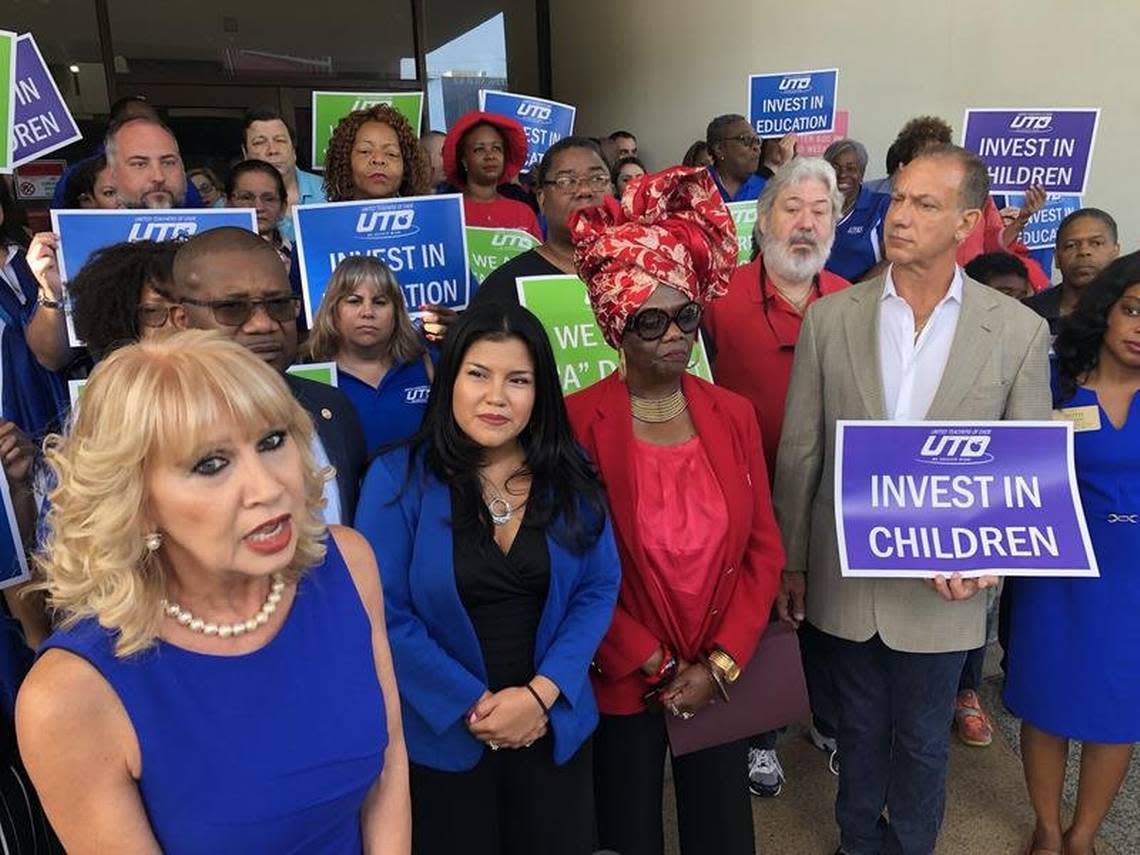 From left, Miami-Dade County school board member Mari Tere Rojas, United Teachers of Dade President Karla Hernandez-Mats and board member Dorothy Bendross-Mindingall offer support for a referendum to raise property taxes in 2018. Miami Herald file photo